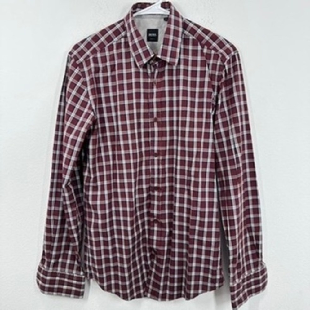 Boss Hugo Boss Mens‎ Medium Slim Fit Maroon Plaid Button Down Long Sleeve Shirt